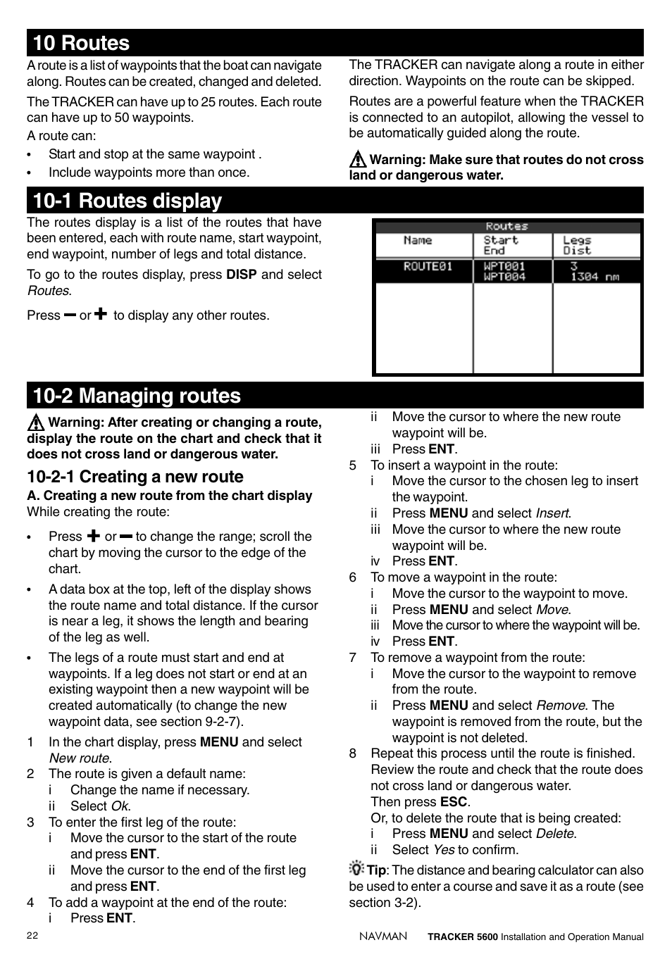 1 routes display, 2-1 creating a new route | Navman tracker plotter TRACKER 5600 User Manual | Page 22 / 42