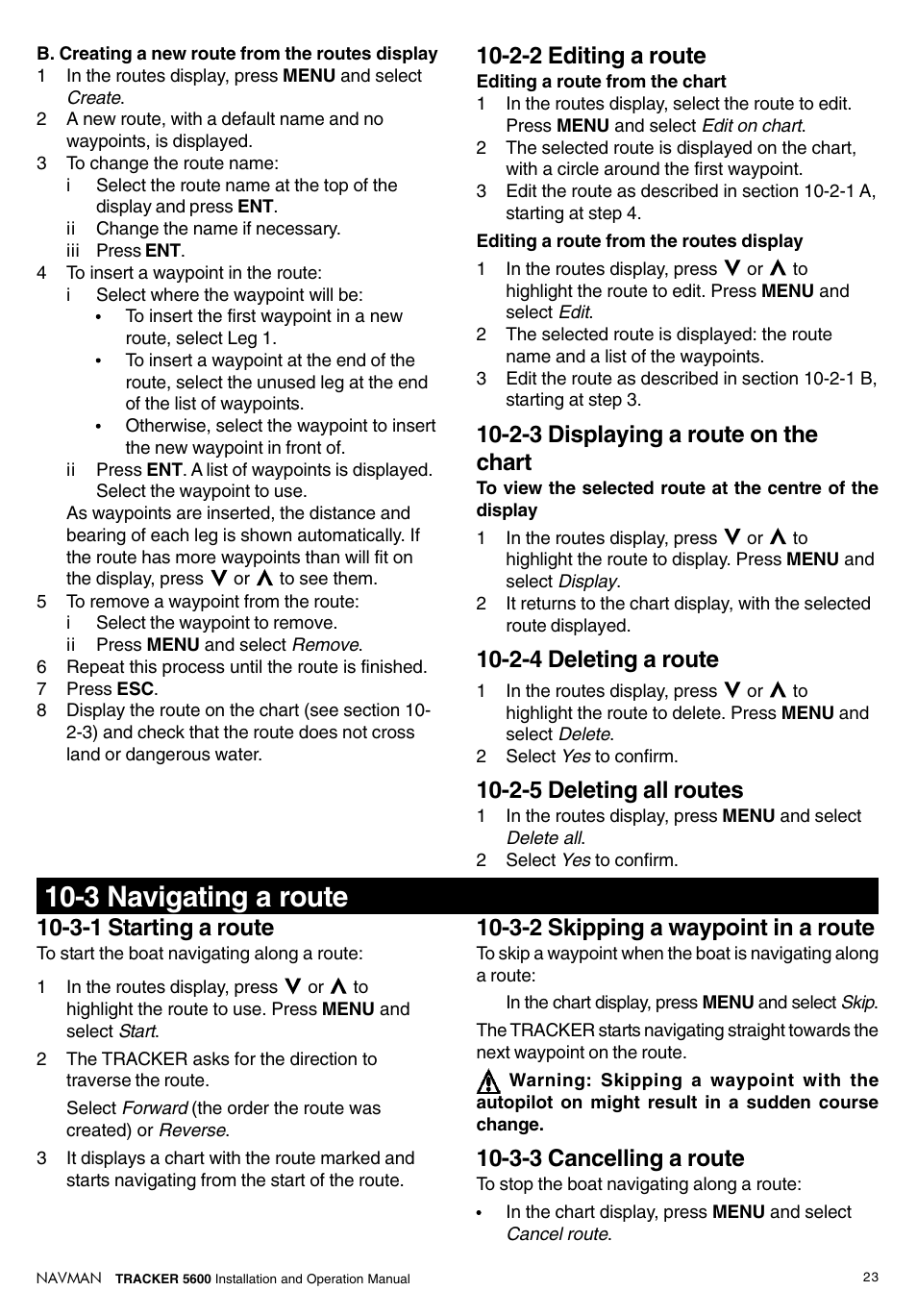 3 navigating a route, 2-2 editing a route, 2-3 displaying a route on the chart | 2-4 deleting a route, 2-5 deleting all routes, 3-1 starting a route, 3-2 skipping a waypoint in a route, 3-3 cancelling a route | Navman tracker plotter TRACKER 5600 User Manual | Page 23 / 42