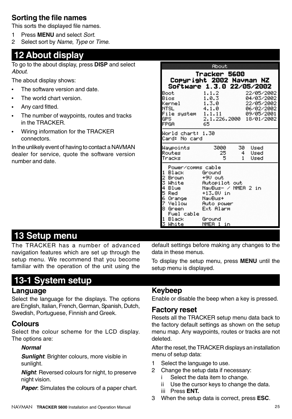 12 about display, 1 system setup, 13 setup menu | Sorting the file names, Language, Colours, Keybeep, Factory reset | Navman tracker plotter TRACKER 5600 User Manual | Page 25 / 42