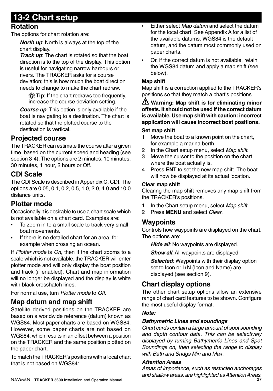 2 chart setup, Rotation, Projected course | Cdi scale, Plotter mode, Map datum and map shift, Waypoints, Chart display options | Navman tracker plotter TRACKER 5600 User Manual | Page 27 / 42