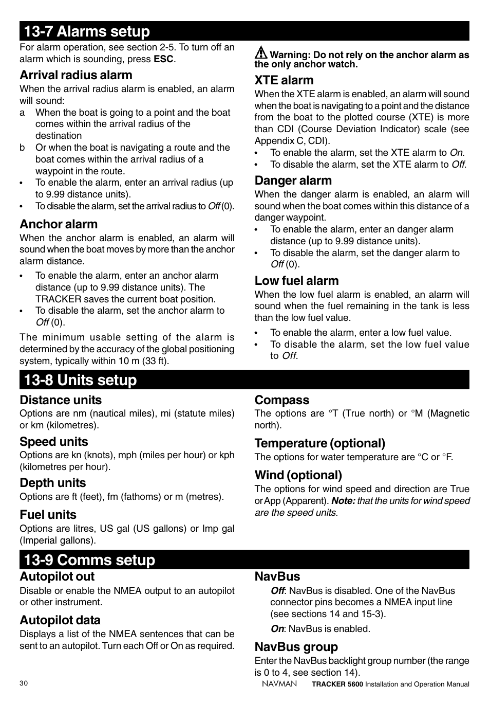 8 units setup, 9 comms setup, 7 alarms setup | Distance units, Speed units, Depth units, Fuel units, Autopilot out, Autopilot data, Compass | Navman tracker plotter TRACKER 5600 User Manual | Page 30 / 42