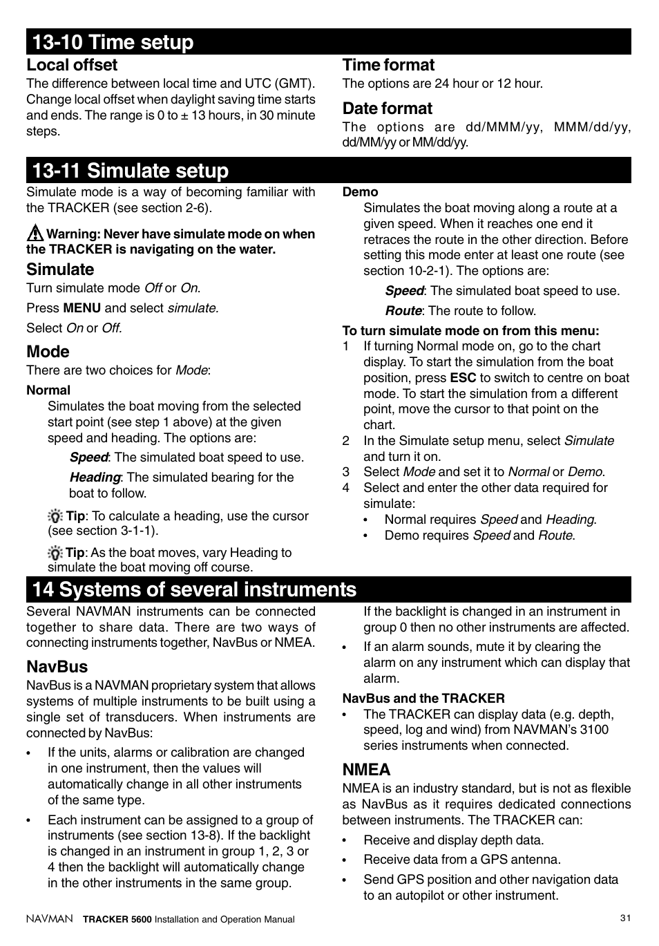 11 simulate setup, 14 systems of several instruments, 10 time setup | Simulate, Mode, Navbus, Nmea, Local offset, Time format, Date format | Navman tracker plotter TRACKER 5600 User Manual | Page 31 / 42