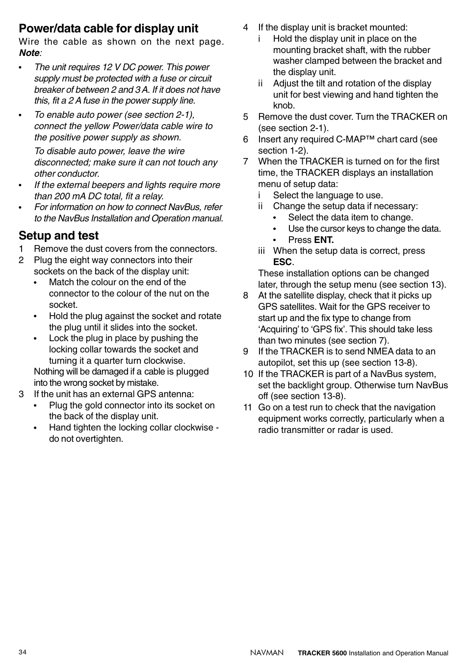 Power/data cable for display unit, Setup and test | Navman tracker plotter TRACKER 5600 User Manual | Page 34 / 42