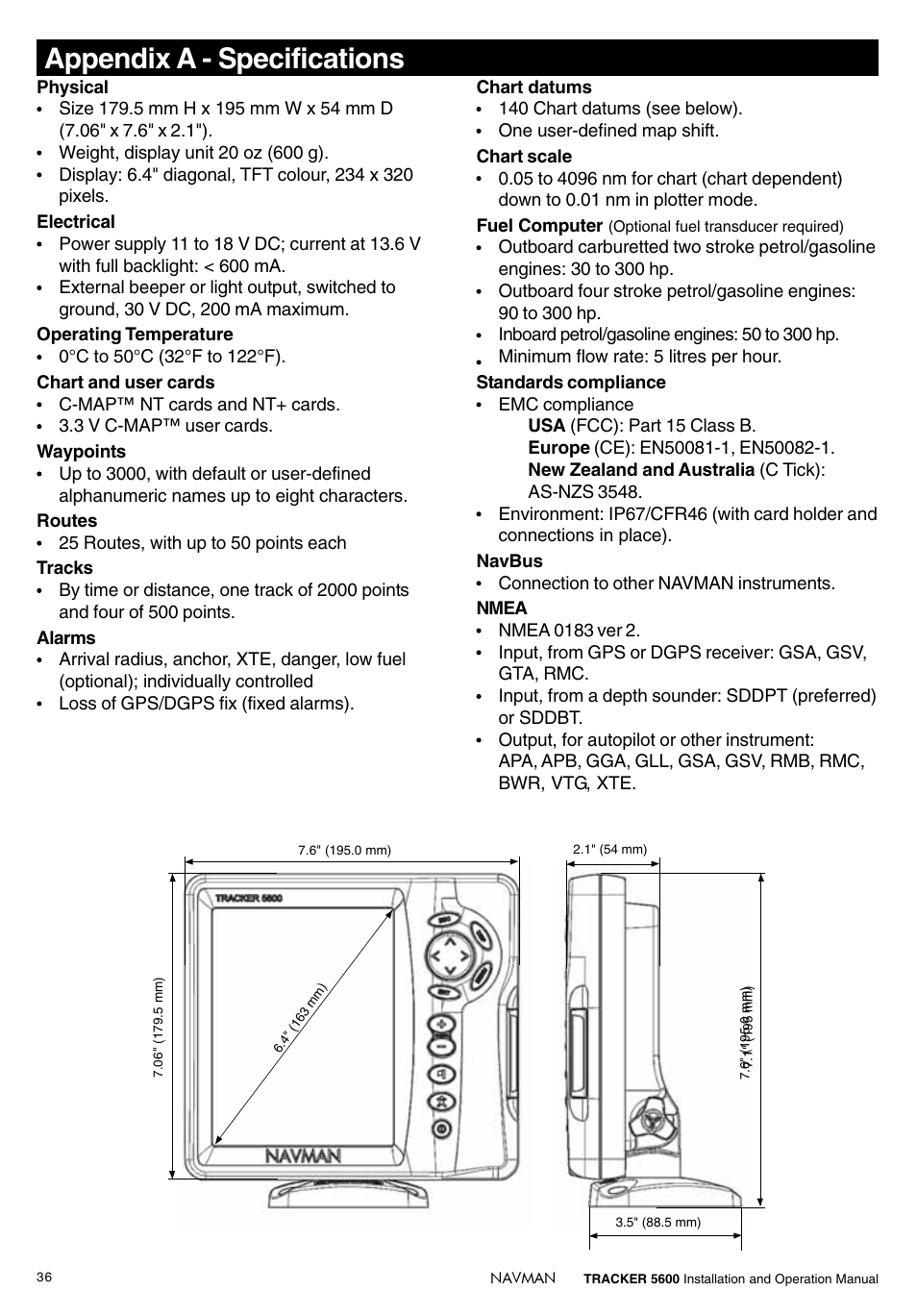 Appendix a - specifications | Navman tracker plotter TRACKER 5600 User Manual | Page 36 / 42