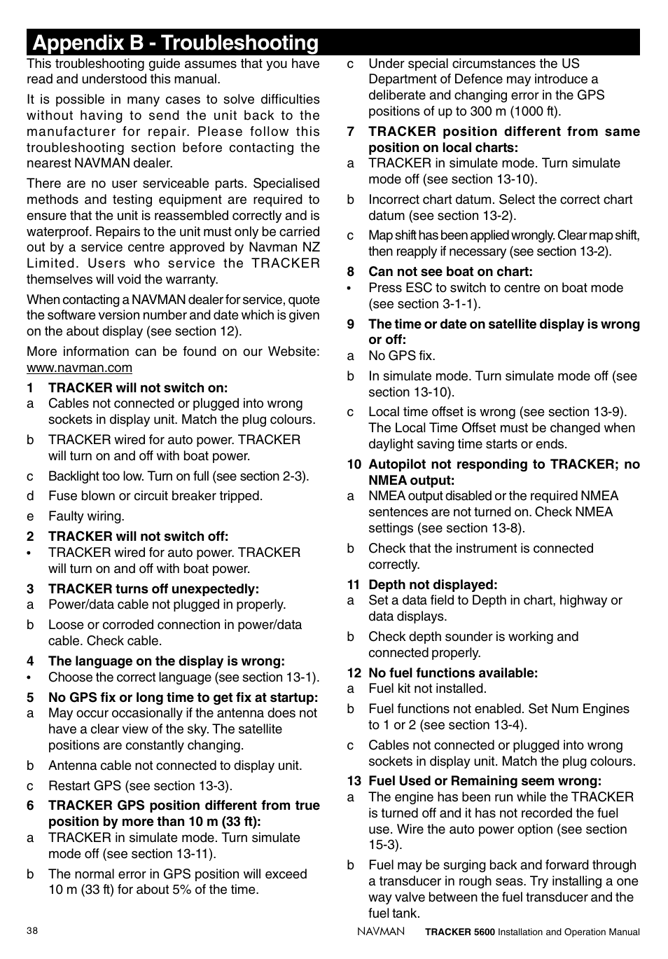Appendix b - troubleshooting | Navman tracker plotter TRACKER 5600 User Manual | Page 38 / 42