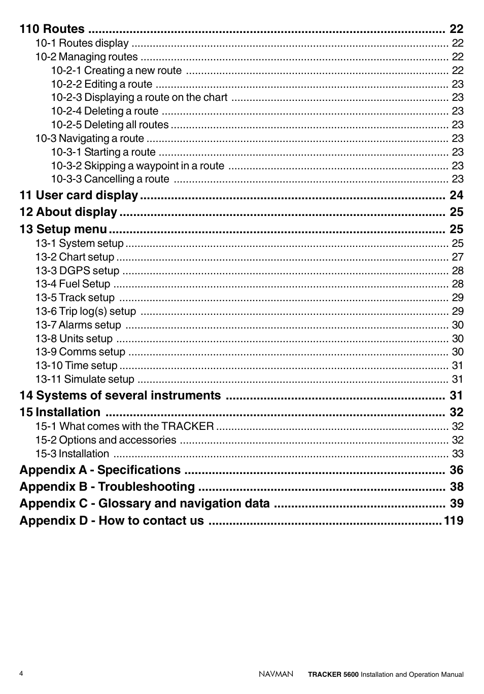 110 routes, 14 systems of several instruments 15 installation | Navman tracker plotter TRACKER 5600 User Manual | Page 4 / 42