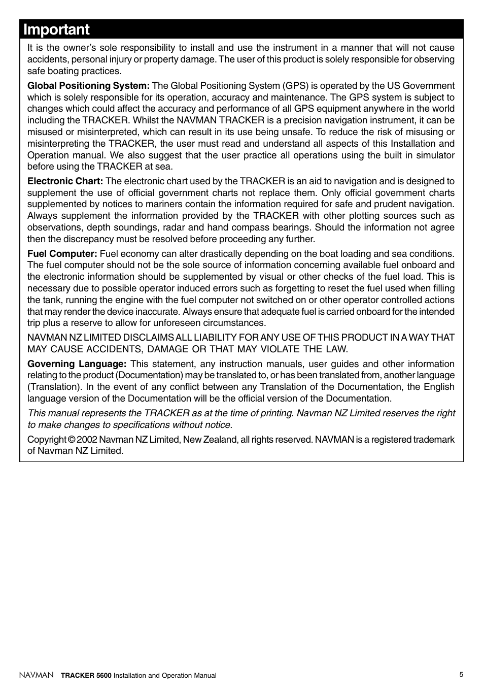 Important | Navman tracker plotter TRACKER 5600 User Manual | Page 5 / 42