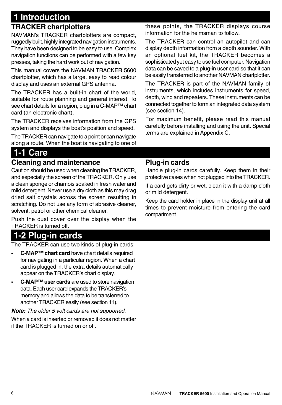 2 plug-in cards 1 introduction, 1 care, Tracker chartplotters | Cleaning and maintenance, Plug-in cards | Navman tracker plotter TRACKER 5600 User Manual | Page 6 / 42