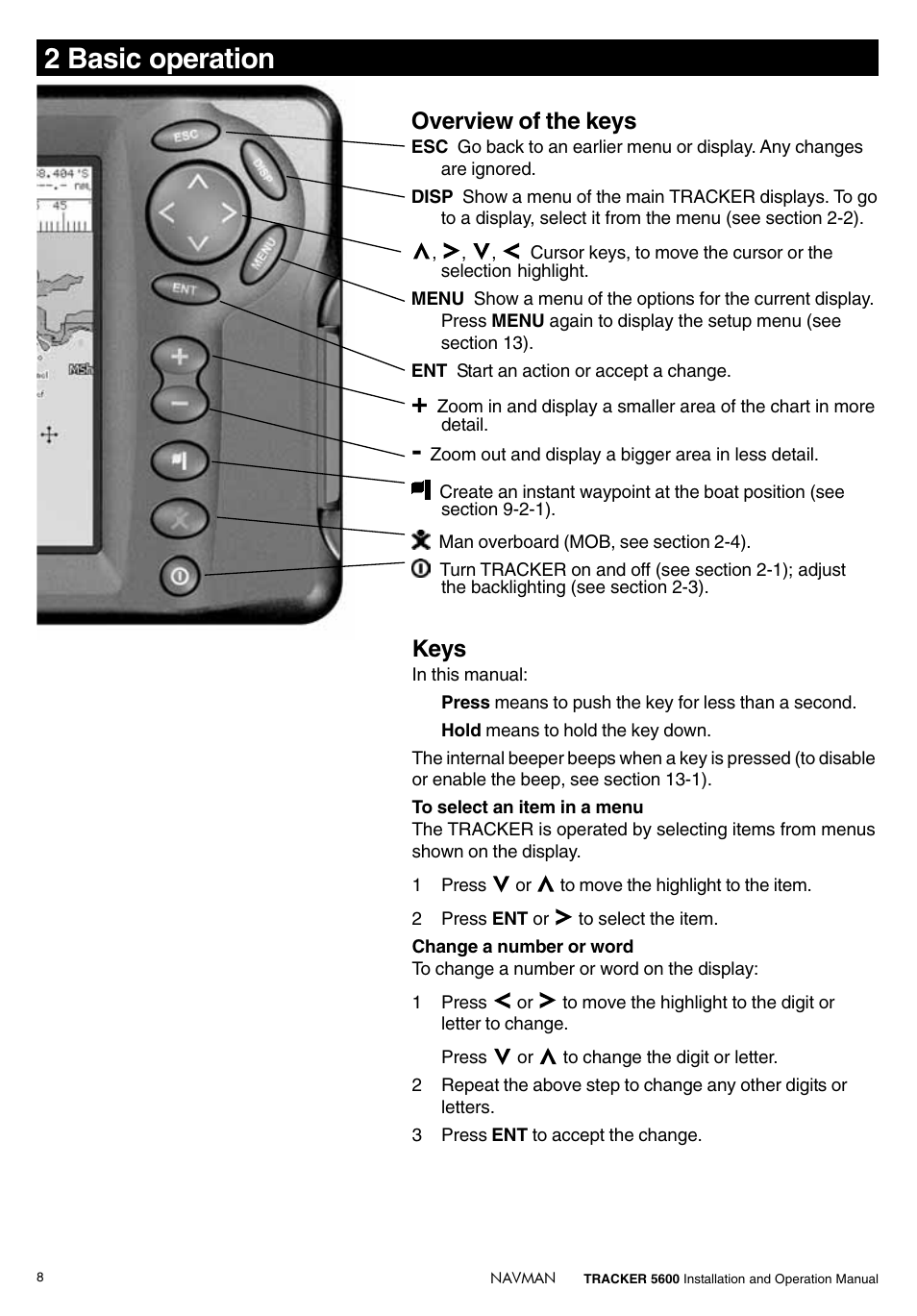 2 basic operation, Overview of the keys, Keys | Navman tracker plotter TRACKER 5600 User Manual | Page 8 / 42