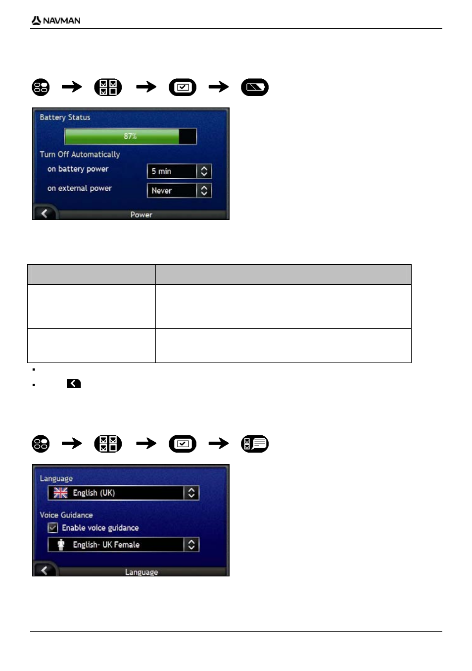 Power, Language | Navman iCN700 User Manual | Page 101 / 124