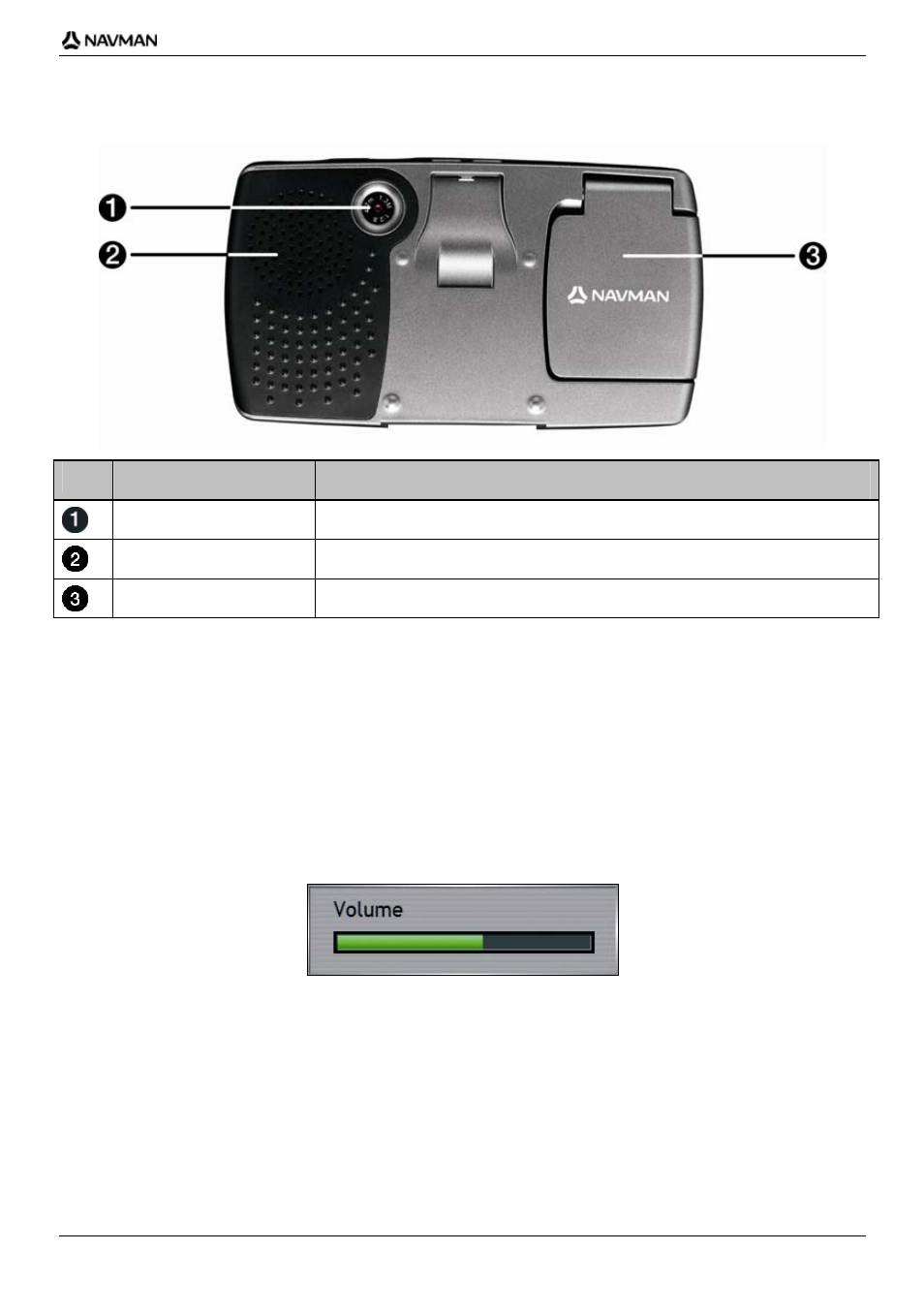 Back components, Volume, Volume control on icn | Component description | Navman iCN700 User Manual | Page 15 / 124