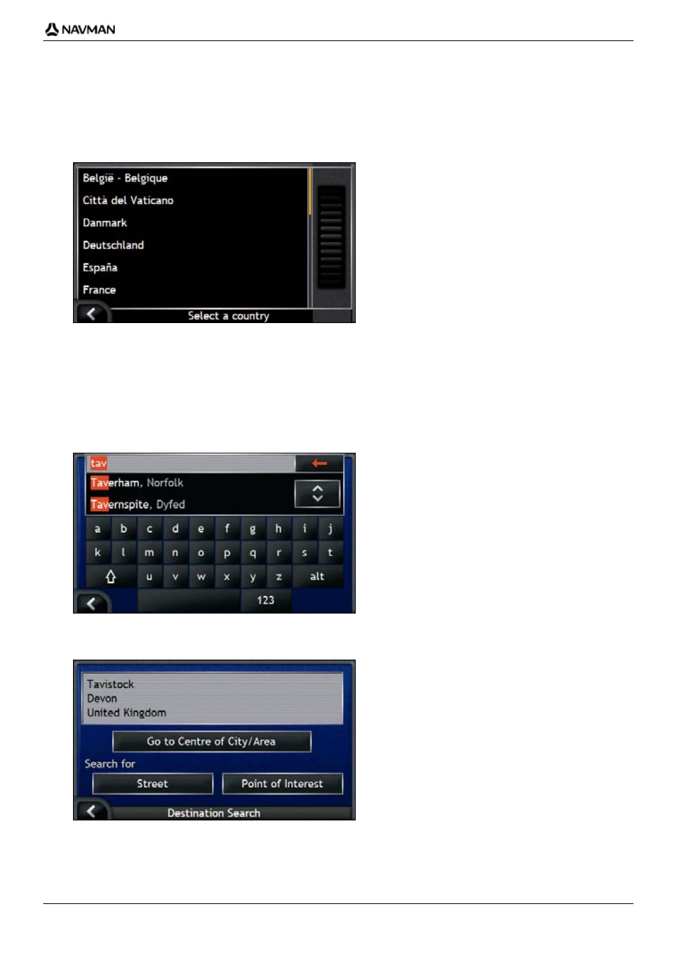 Select the country, Search for the city/area | Navman iCN700 User Manual | Page 25 / 124