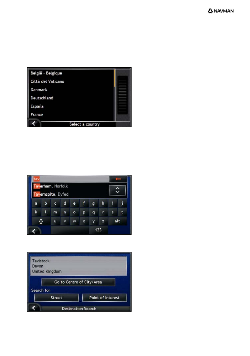 Select the country, Search for the city/area | Navman iCN700 User Manual | Page 32 / 124