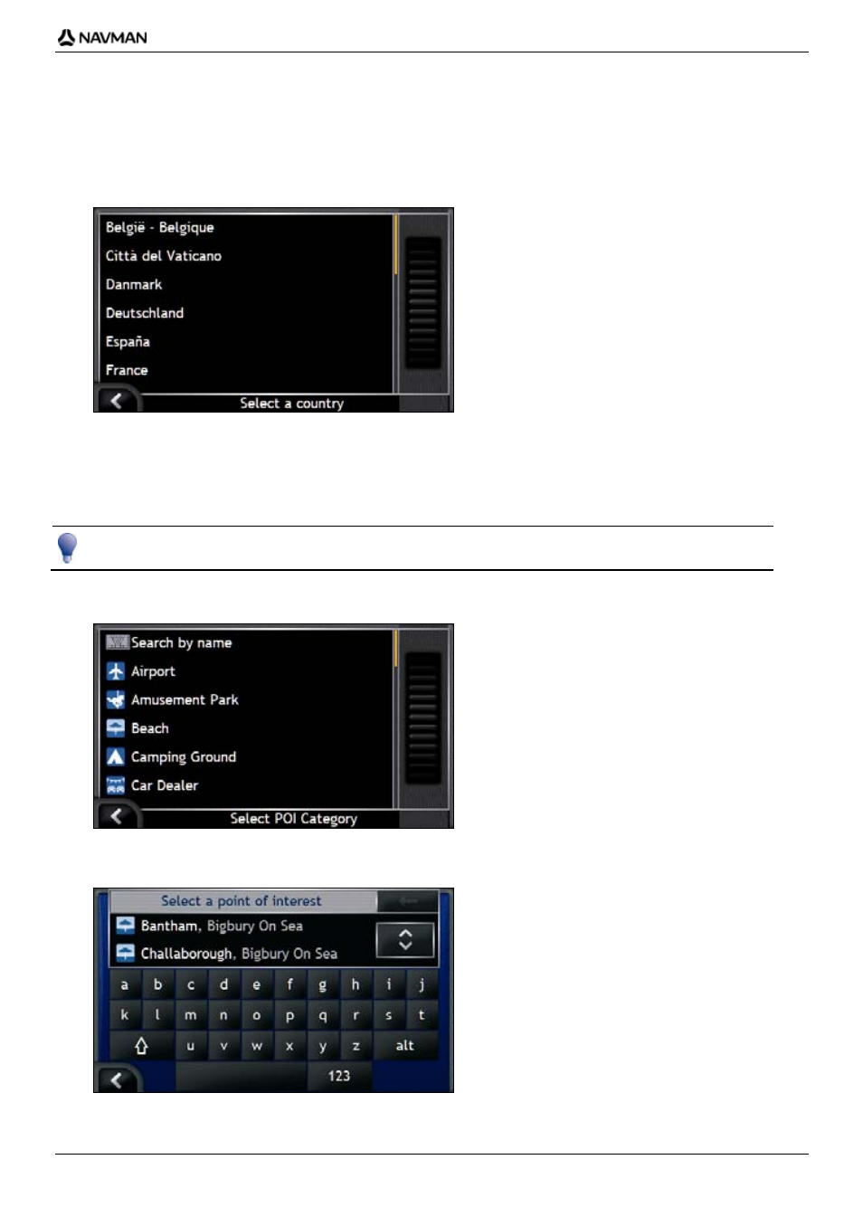 Select the country, Select the type of poi | Navman iCN700 User Manual | Page 39 / 124