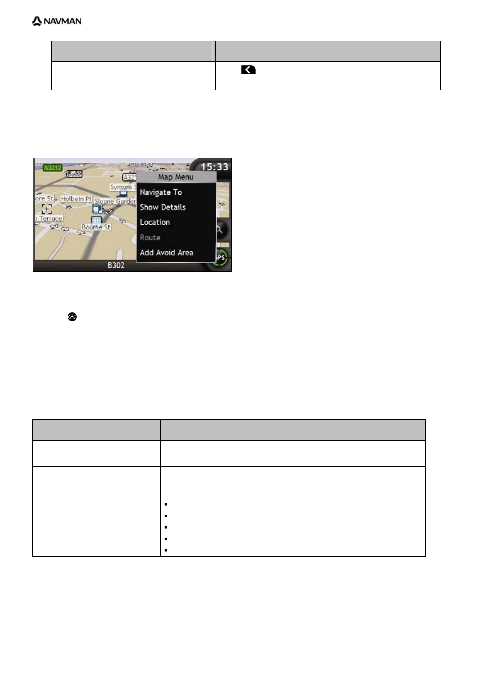 How do i use the map menu, Displaying the map menu, Map menu options | If you want to ... then, Menu option description | Navman iCN700 User Manual | Page 69 / 124