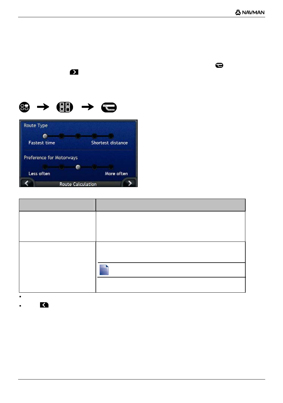 Route preferences, Route calculation, If you want to... then | Navman iCN700 User Manual | Page 96 / 124