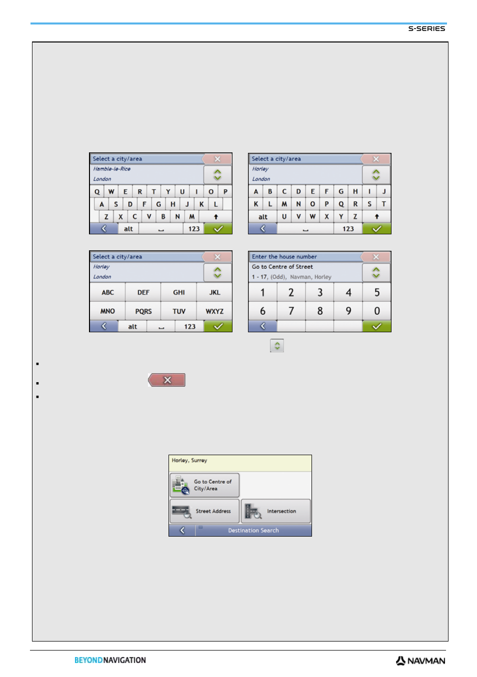 Using the keyboard screen, Using the destination search screen | Navman S-Series User Manual | Page 20 / 133