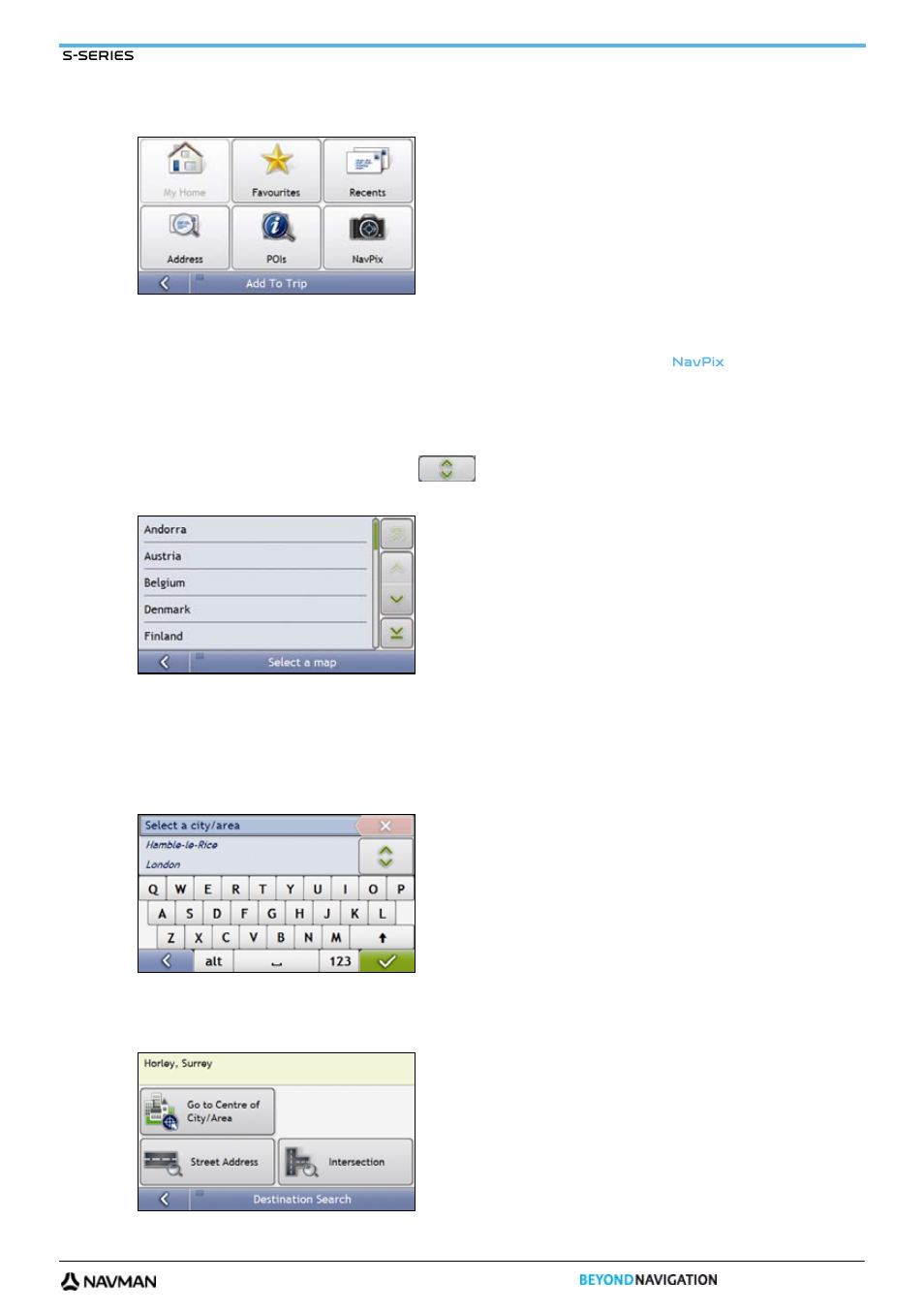 Select the country, Search for the city/area | Navman S-Series User Manual | Page 23 / 133