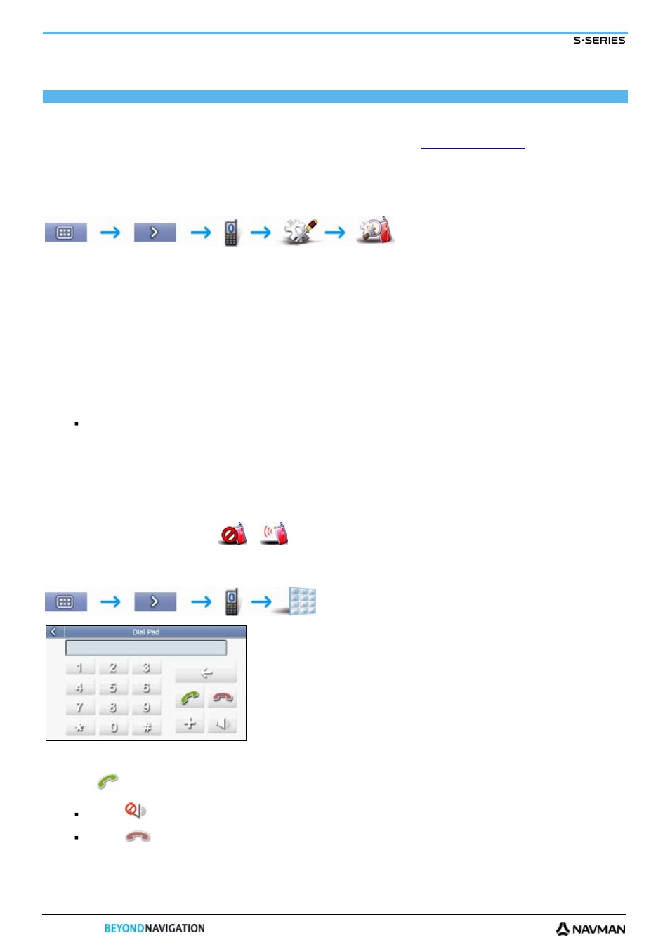 Hands-free calling, Pairing your navman with a bluetooth mobile phone, Making a phone call using the phone dialler screen | How do i use the map menu?" on, How do i use the map menu, See "how do i use the map menu?" on, Age 60) | Navman S-Series User Manual | Page 60 / 133