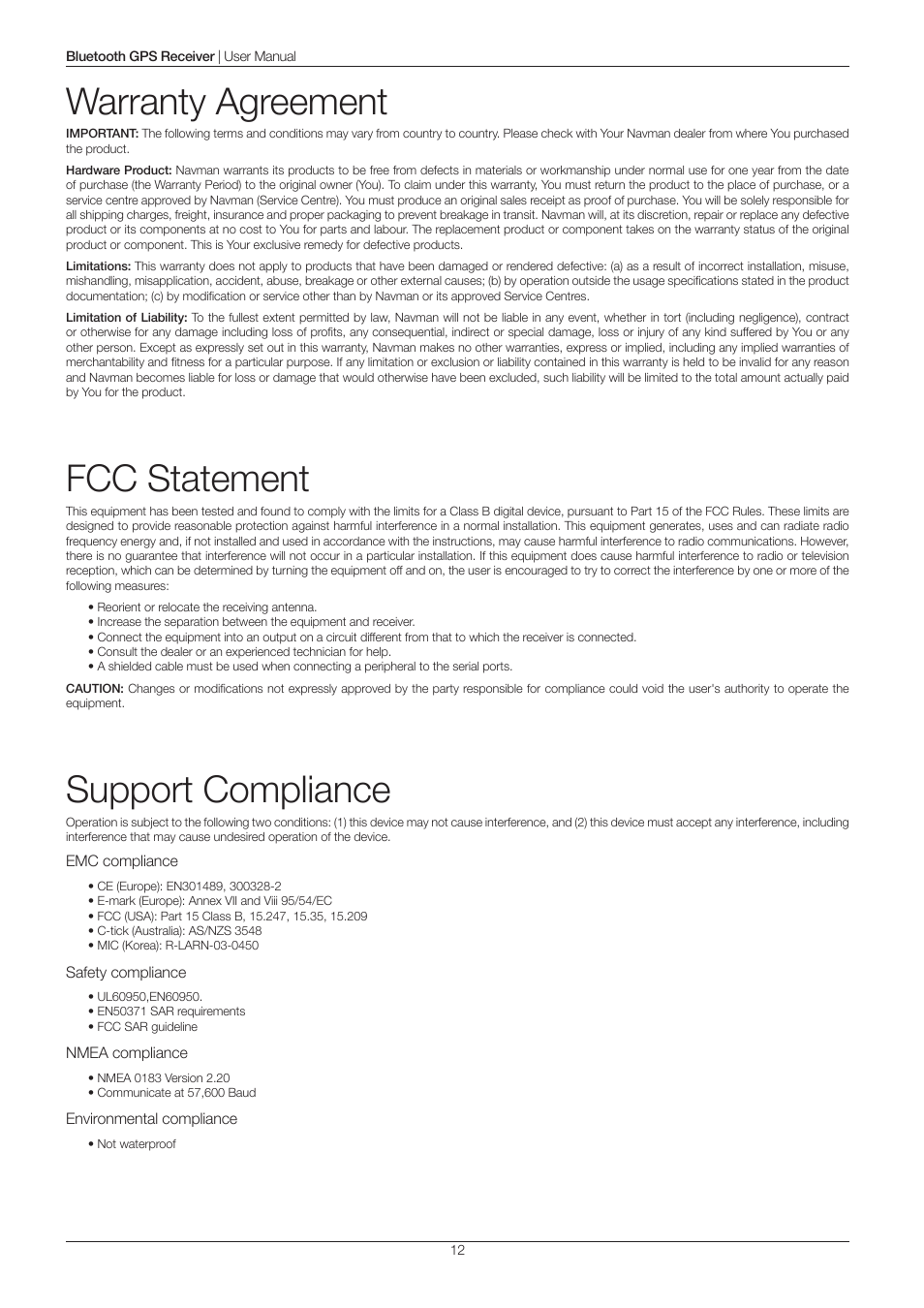 Warranty agreement, Fcc statement, Support compliance | Navman 4100 User Manual | Page 12 / 13