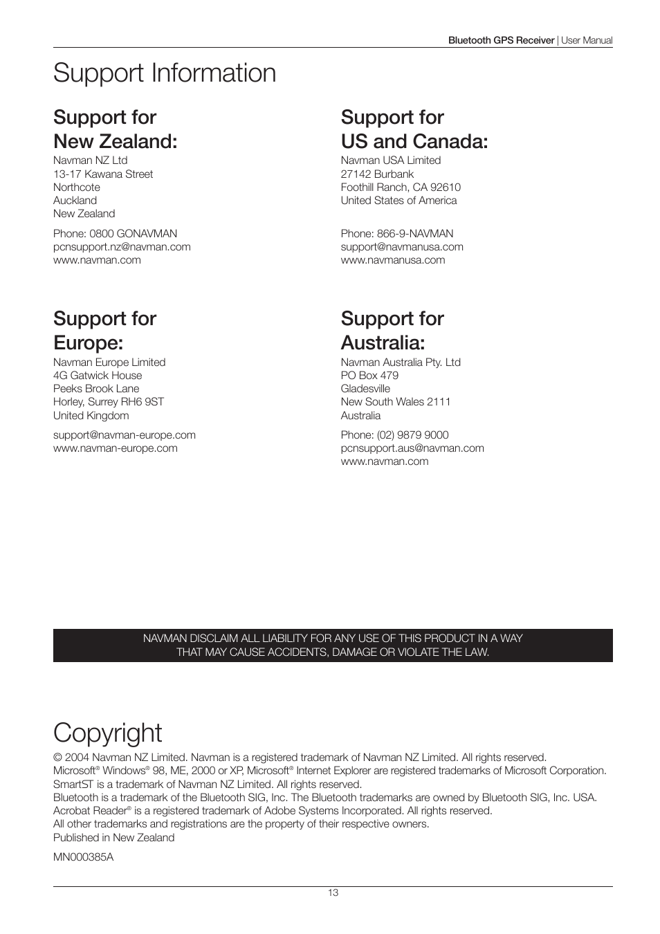 Copyright, Support information, Support for new zealand | Support for europe, Support for us and canada, Support for australia | Navman 4100 User Manual | Page 13 / 13