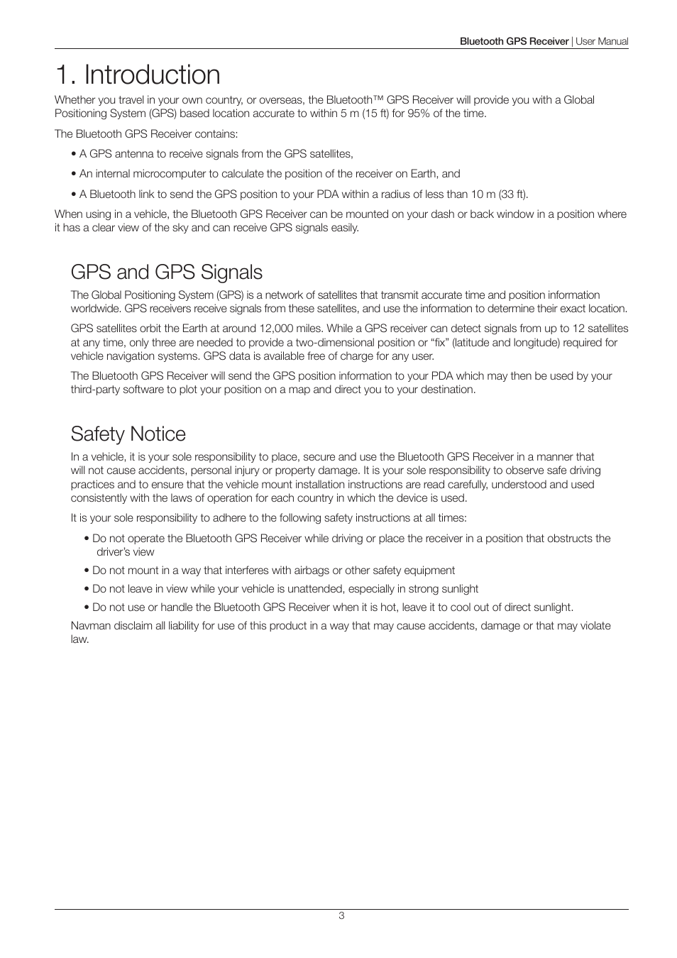 Introduction, Gps and gps signals, Safety notice | Navman 4100 User Manual | Page 3 / 13