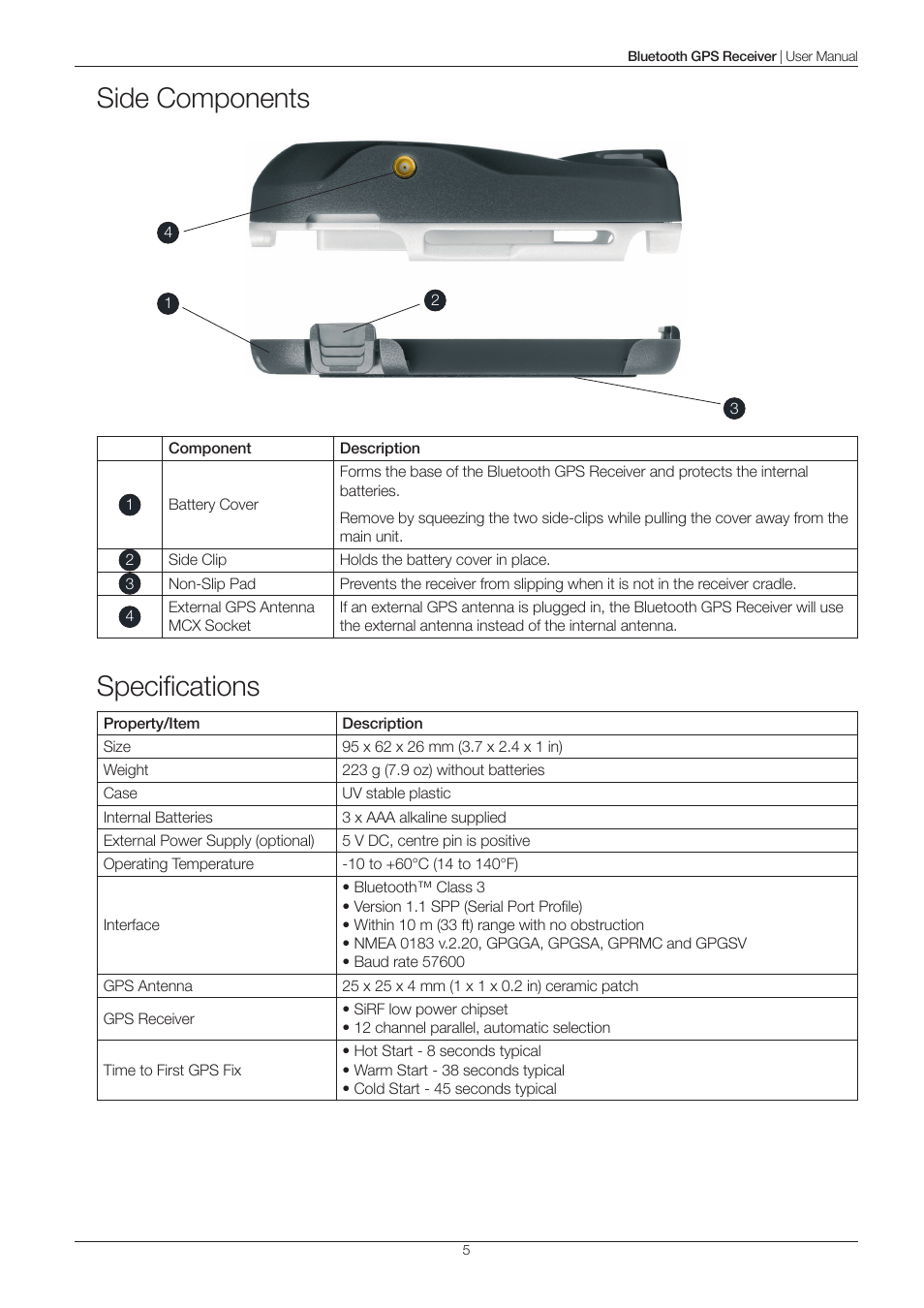 Side components, Speciﬁcations | Navman 4100 User Manual | Page 5 / 13