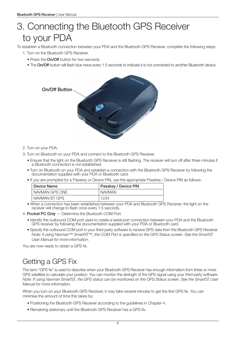 Connecting the bluetooth gps receiver to your pda, Getting a gps fix | Navman 4100 User Manual | Page 6 / 13