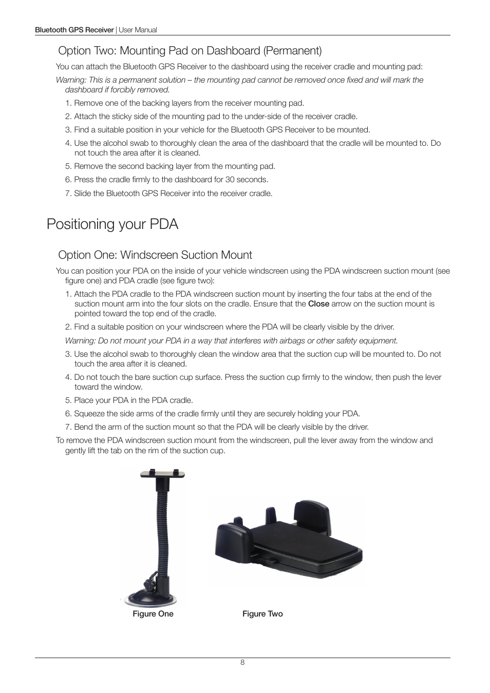 Positioning your pda, Option two: mounting pad on dashboard (permanent), Option one: windscreen suction mount | Navman 4100 User Manual | Page 8 / 13