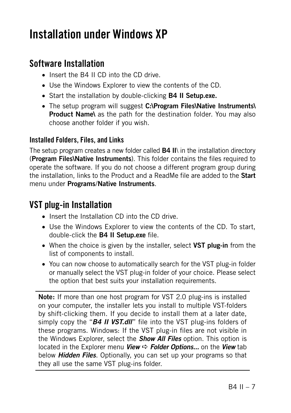 Installation under windows xp, Software installation, Vst plug-in installation | Software installation vst plug-in installation | Native Instruments B4 II User Manual | Page 7 / 88