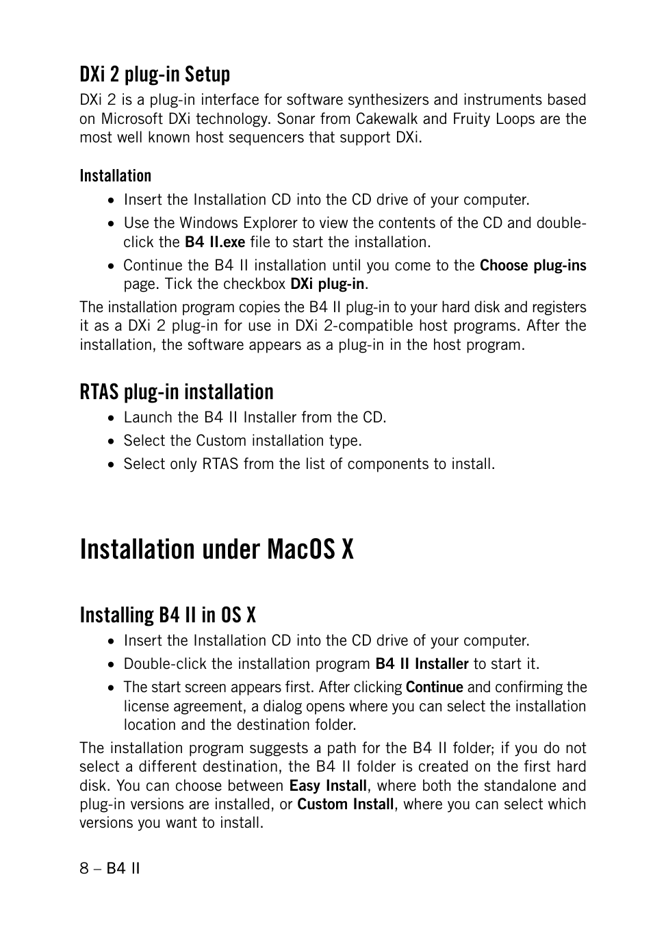 Dxi 2 plug-in setup, Rtas plug-in installation, Installation under macos x | Installing b4 ii in os x, Dxi 2 plug-in setup rtas plug-in installation | Native Instruments B4 II User Manual | Page 8 / 88