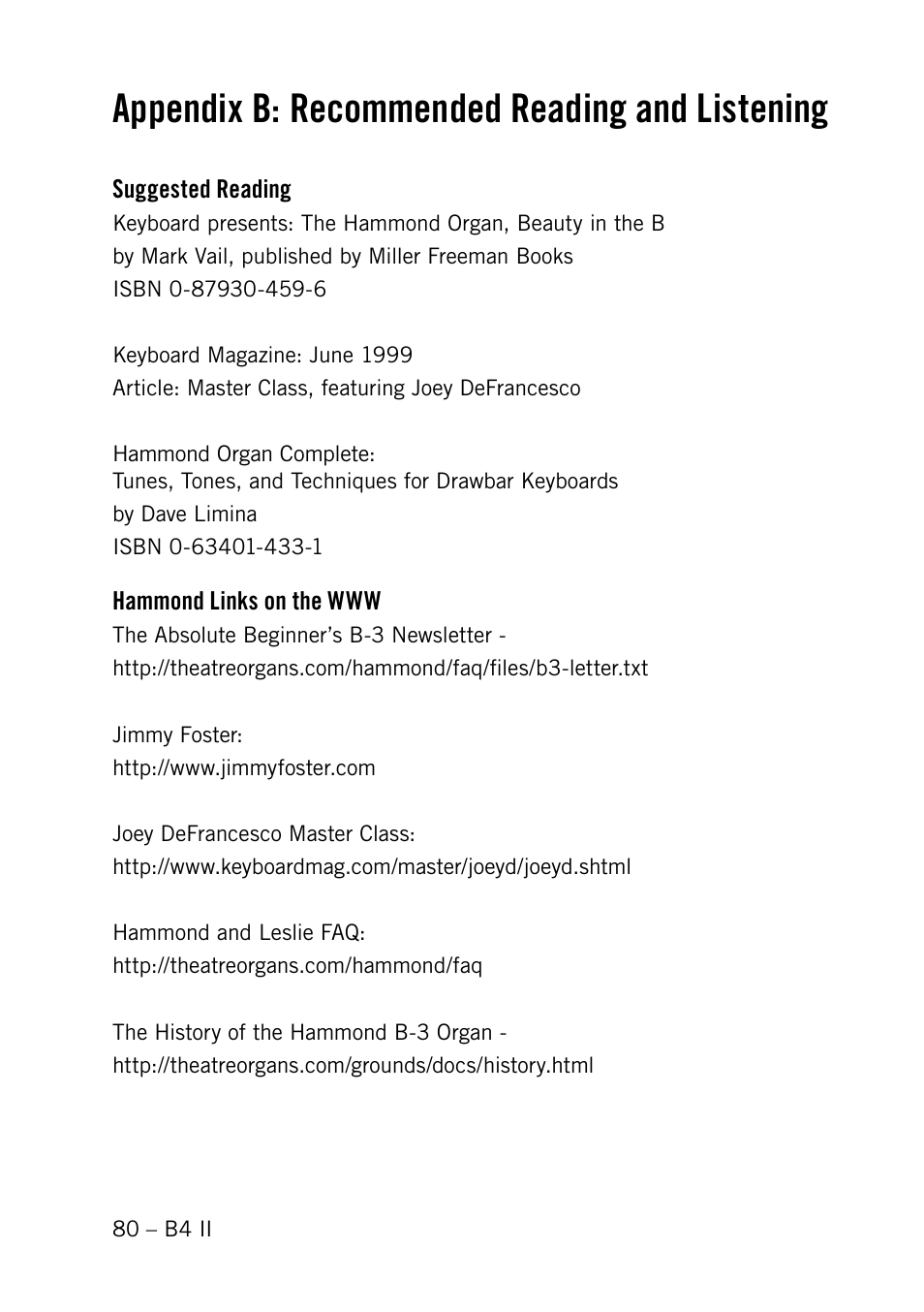 Appendix b: recommended reading and listening | Native Instruments B4 II User Manual | Page 80 / 88