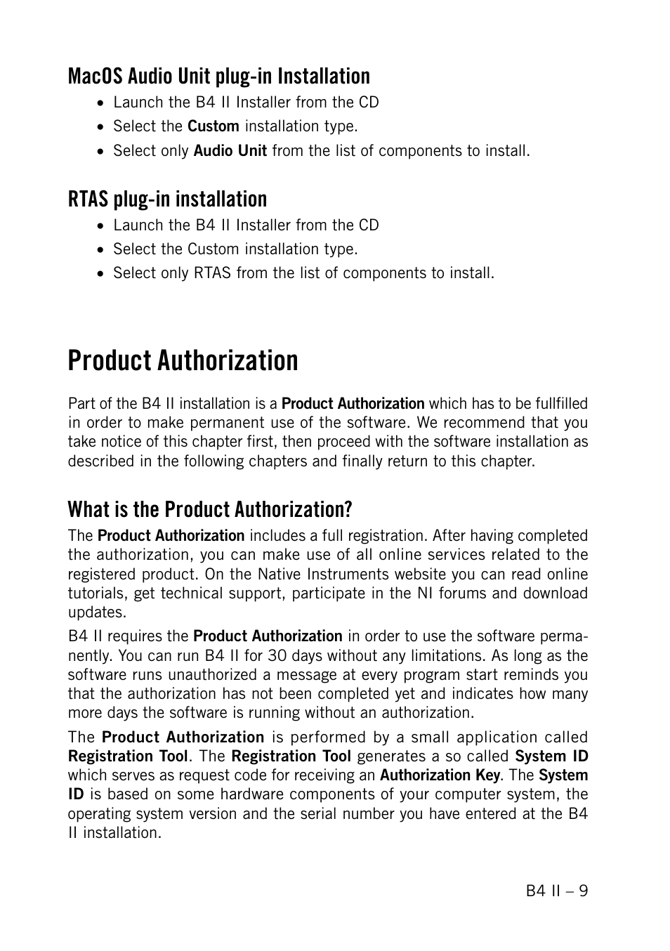 Macos audio unit plug-in installation, Rtas plug-in installation, Product authorization | What is the product authorization | Native Instruments B4 II User Manual | Page 9 / 88