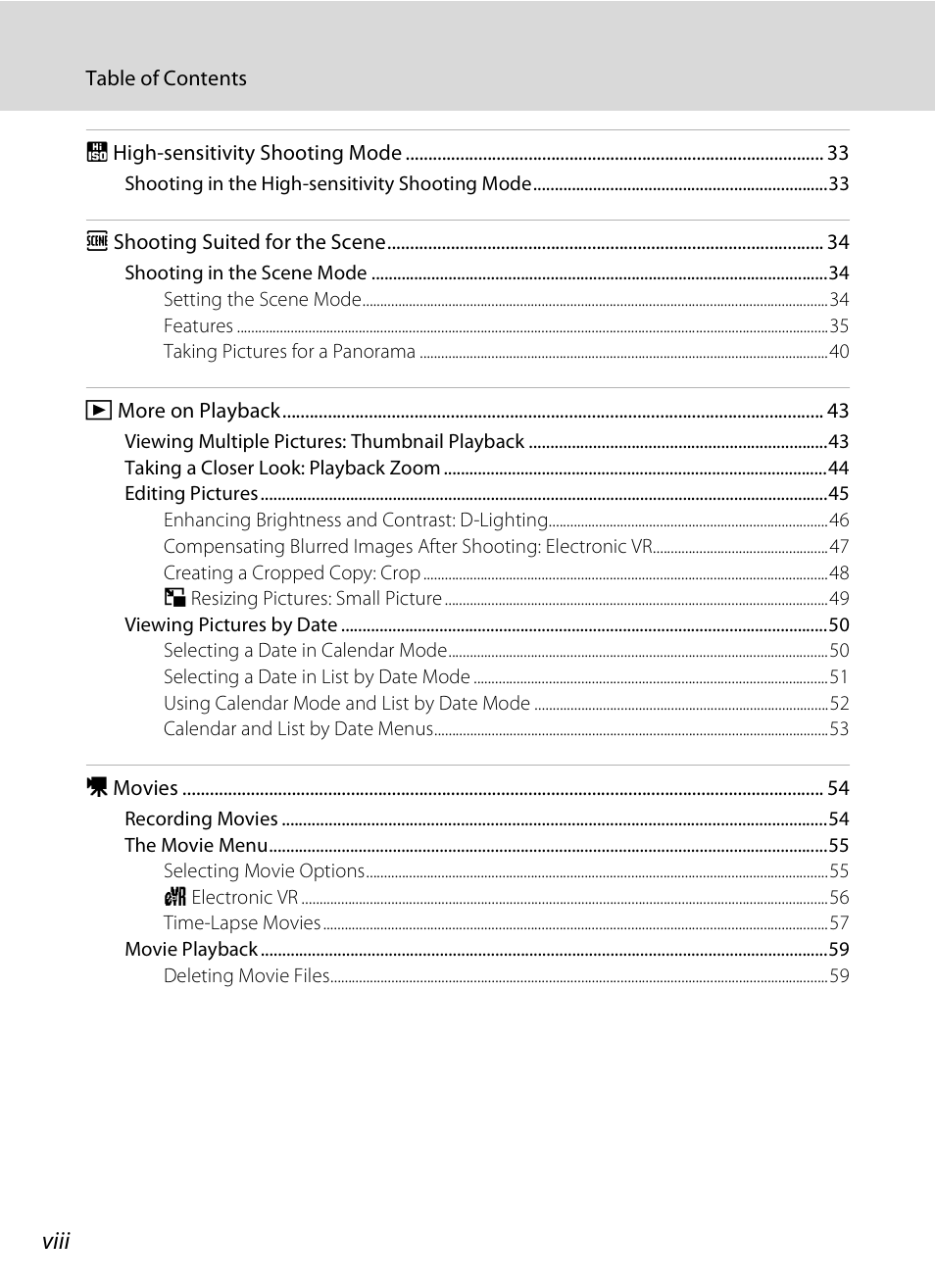 Viii | Nikon CoolPix S202 User Manual | Page 10 / 144