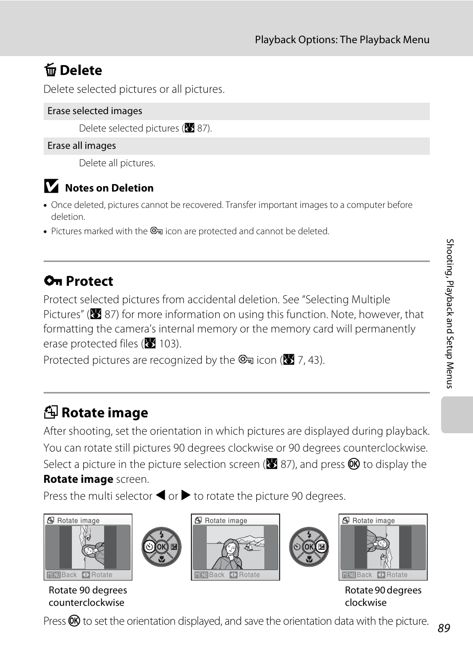 Delete, Protect, Rotate image | C delete d protect f rotate image, A 89), A 89) s, A 89, E (a 89), C delete, D protect | Nikon CoolPix S202 User Manual | Page 101 / 144