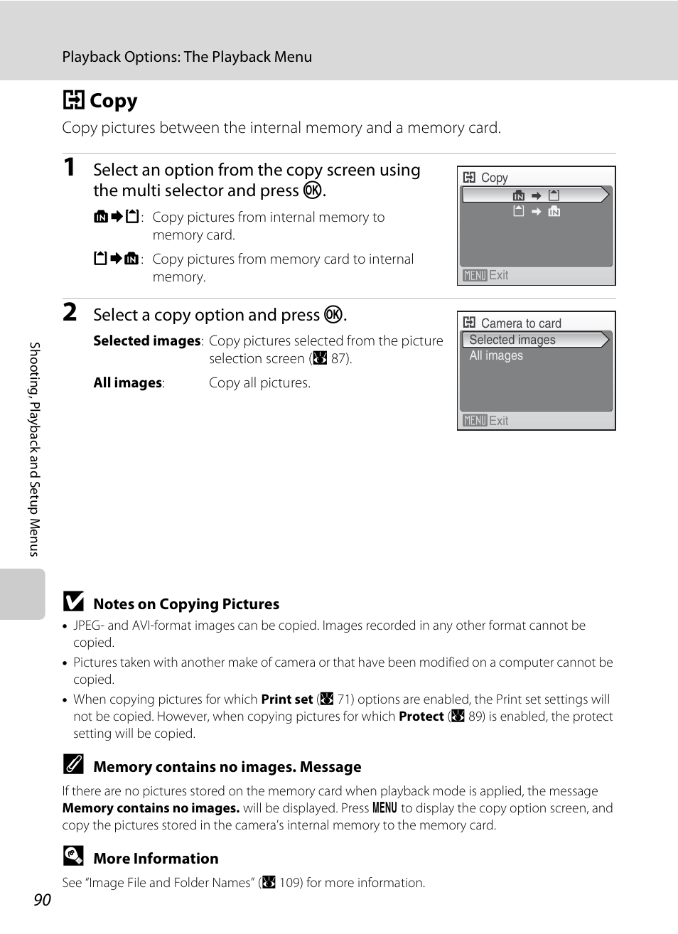 Copy, H copy, A 90 | Select a copy option and press k | Nikon CoolPix S202 User Manual | Page 102 / 144