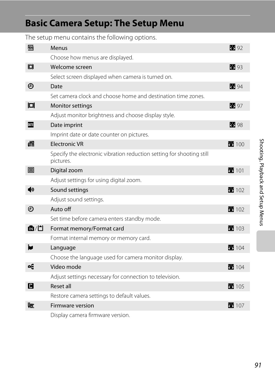 Basic camera setup: the setup menu, A 91), A 91, 9 | Nikon CoolPix S202 User Manual | Page 103 / 144