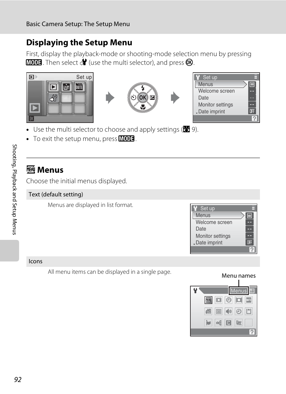 Displaying the setup menu, Menus, Displaying the setup menu a menus | A 92, A menus | Nikon CoolPix S202 User Manual | Page 104 / 144