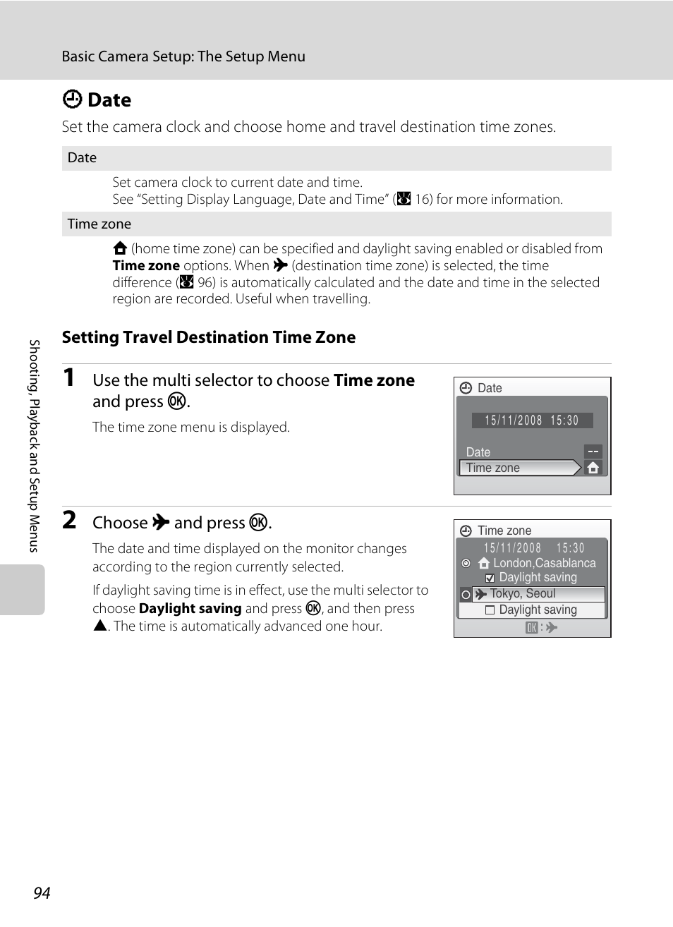 Date, D date, A 94 | Setting travel destination time zone, Choose x and press k | Nikon CoolPix S202 User Manual | Page 106 / 144