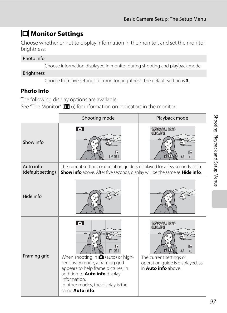 Monitor settings, E monitor settings, A 97) | A 97, Photo info | Nikon CoolPix S202 User Manual | Page 109 / 144