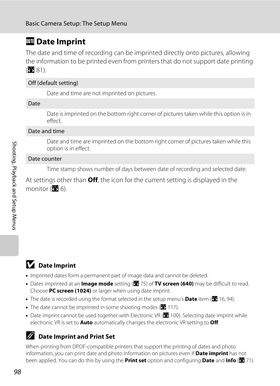 Date imprint, F date imprint, A 98 | Nikon CoolPix S202 User Manual | Page 110 / 144