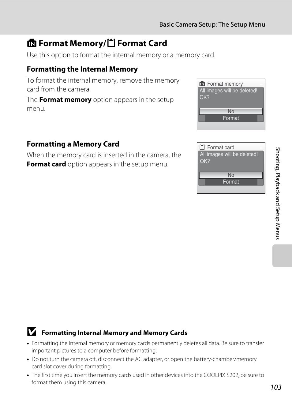 Format memory/format card, L format memory/m format card, A 103) | A 103 | Nikon CoolPix S202 User Manual | Page 115 / 144
