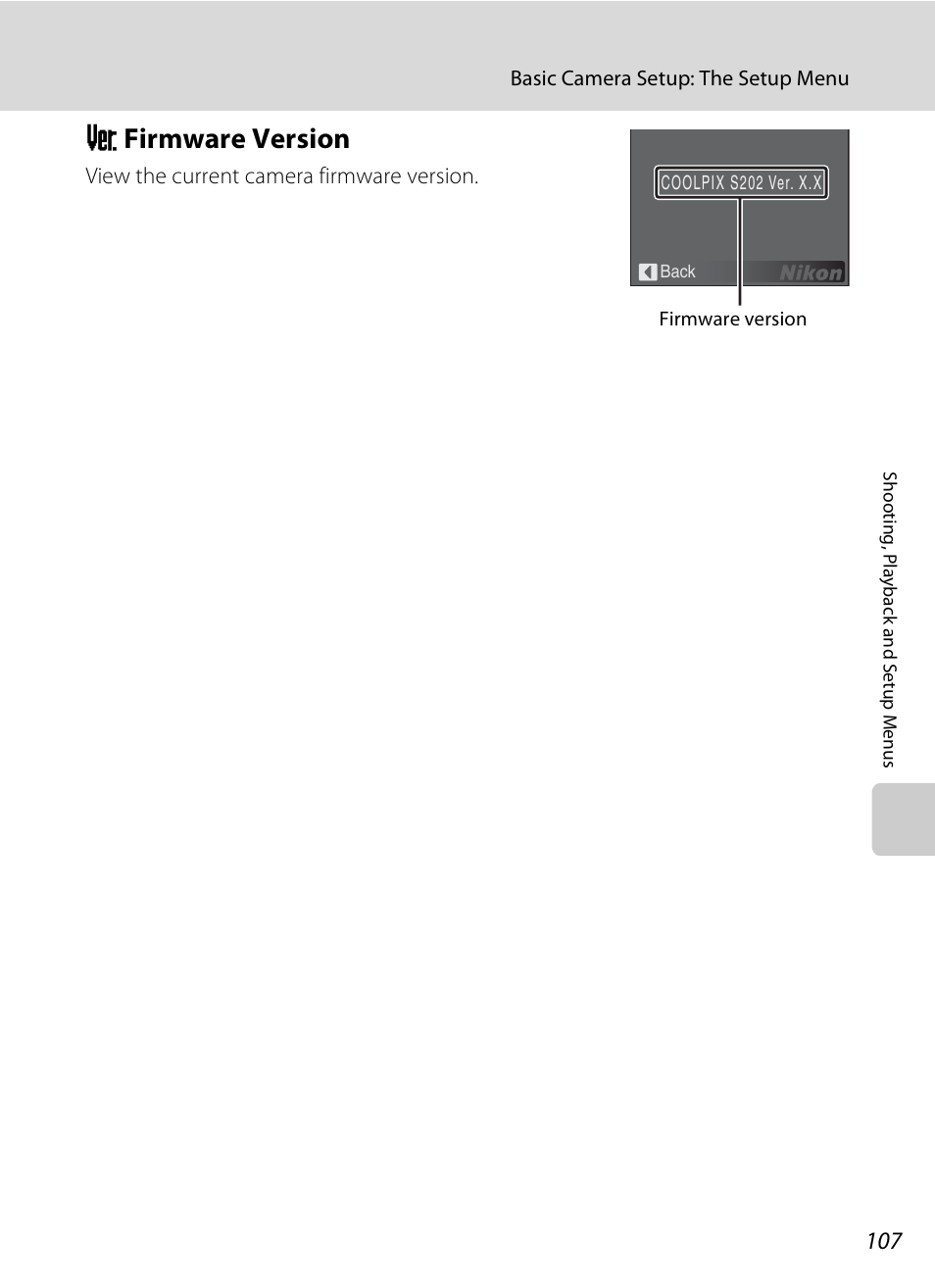 Firmware version, R firmware version, A 107 | Nikon CoolPix S202 User Manual | Page 119 / 144