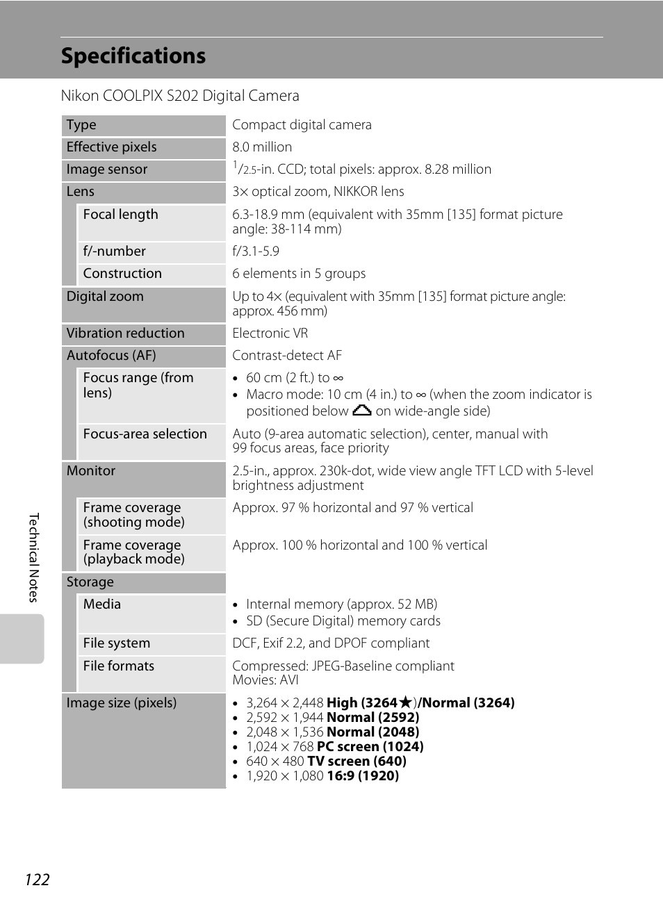 Specifications | Nikon CoolPix S202 User Manual | Page 134 / 144