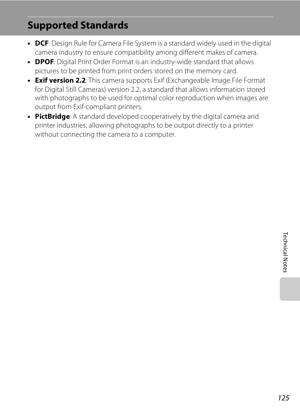 Supported standards, A 125 | Nikon CoolPix S202 User Manual | Page 137 / 144