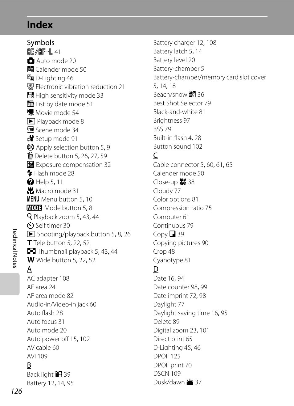 Index | Nikon CoolPix S202 User Manual | Page 138 / 144