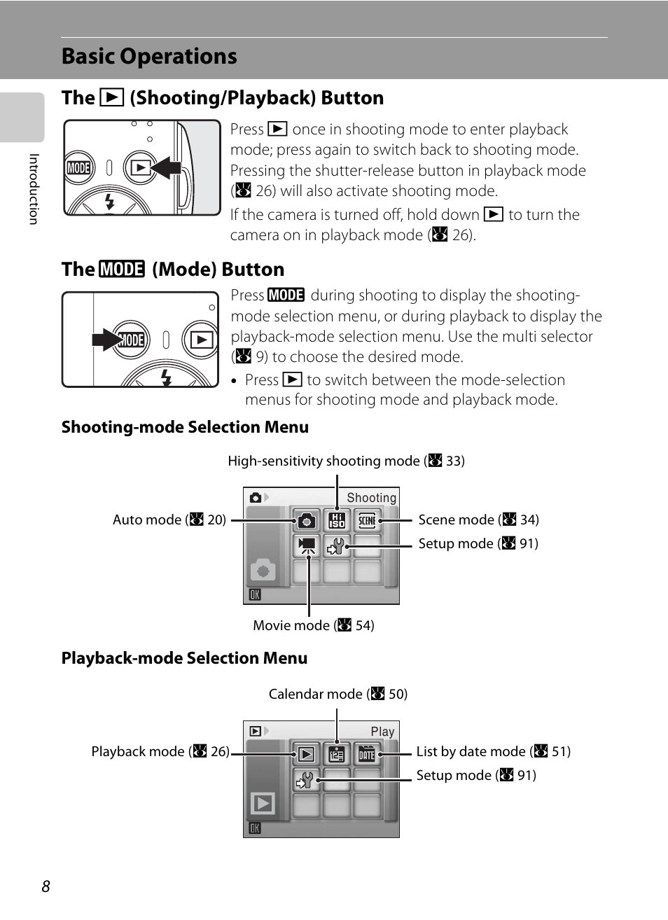 Basic operations, The shooting/playback button, The mode button | C (shooting/playback) button, E (mode) button | Nikon CoolPix S202 User Manual | Page 20 / 144