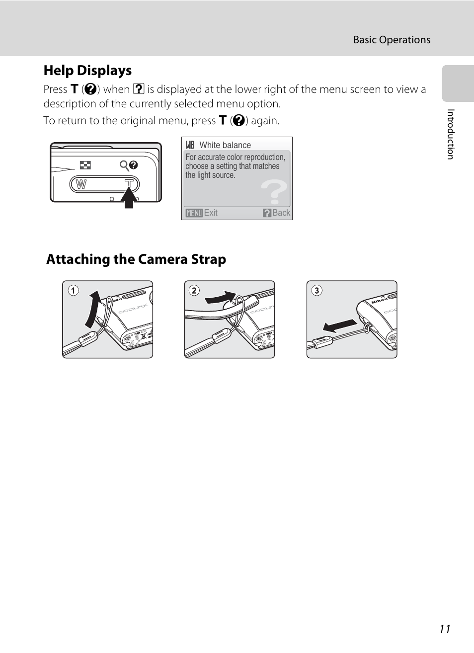 Help displays, Attaching the camera strap, Help displays attaching the camera strap | Nikon CoolPix S202 User Manual | Page 23 / 144