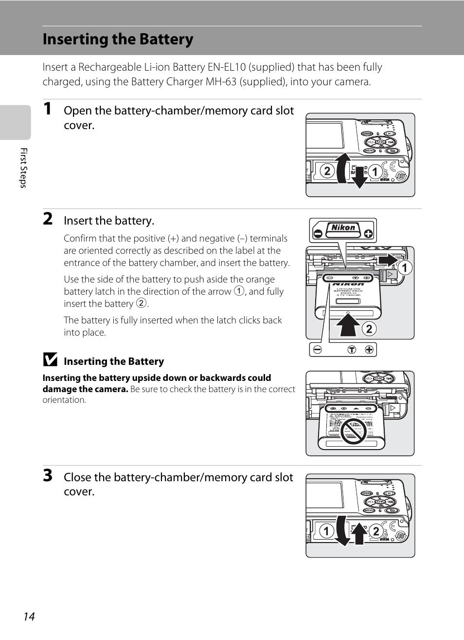 Inserting the battery | Nikon CoolPix S202 User Manual | Page 26 / 144