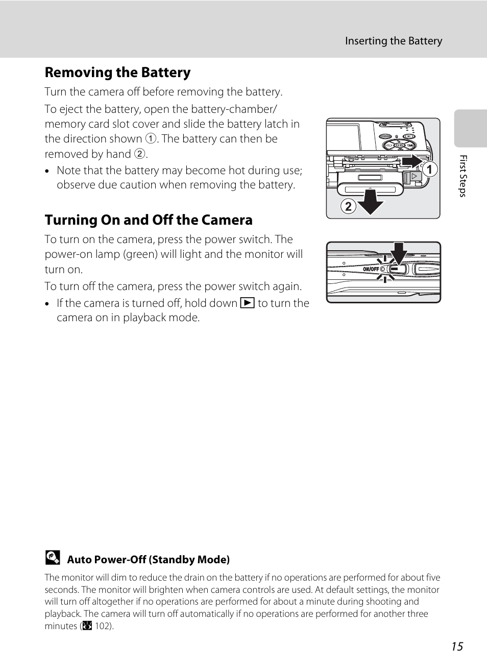 Removing the battery, Turning on and off the camera, Removing the battery turning on and off the camera | Nikon CoolPix S202 User Manual | Page 27 / 144